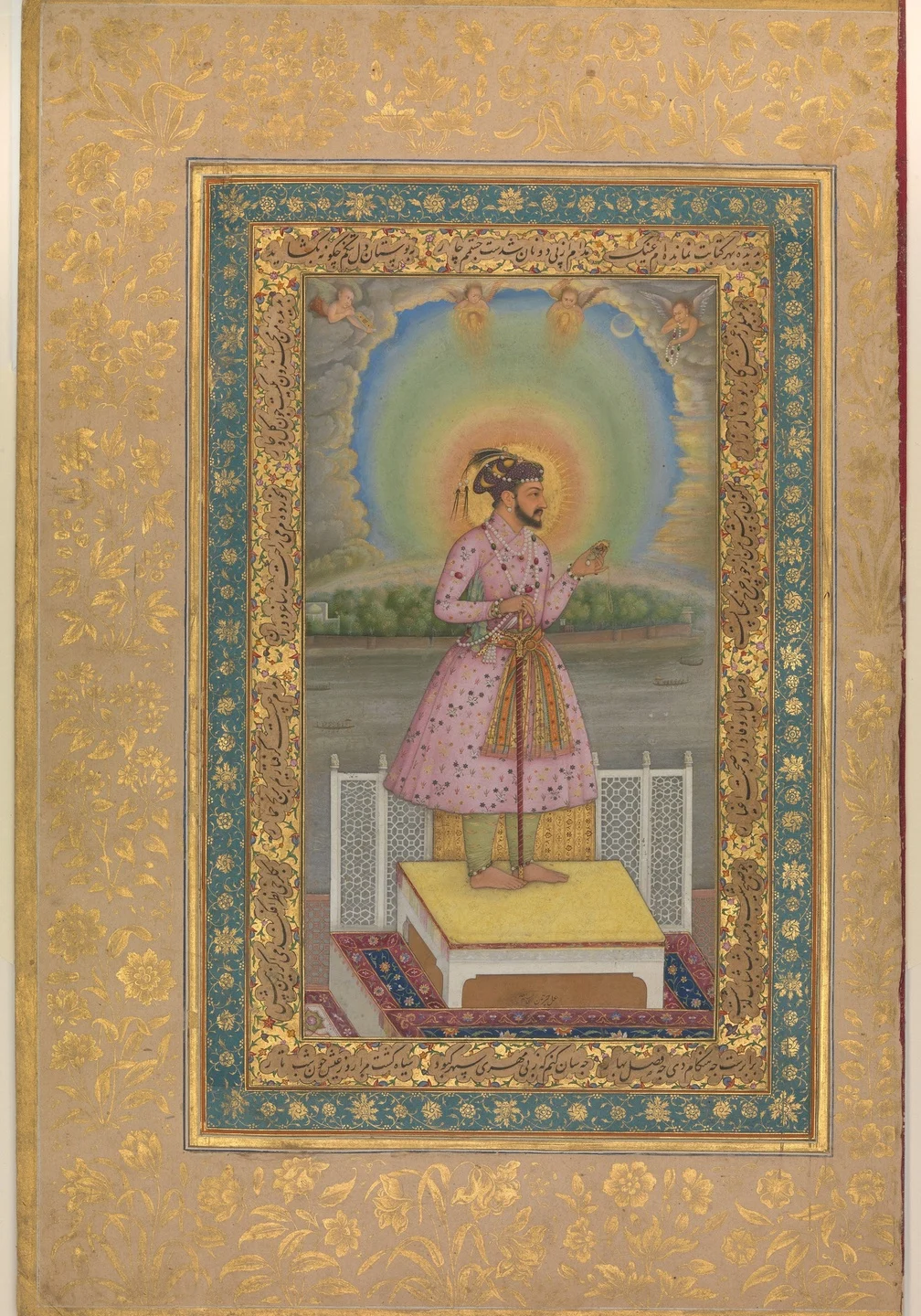 "Shah Jahan on a Terrace, Holding a Pendant Set With His Portrait", Folio from the Shah Jahan Album — Chitarman