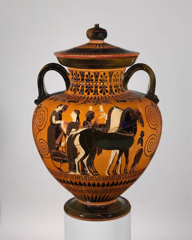 Terracotta neck-amphora (jar) with lid and knob (27.16) — Attributed to Exekias
