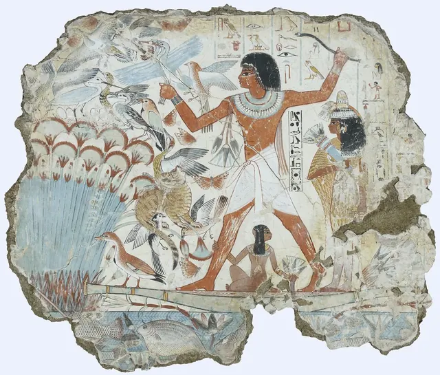 Nebamun Fowling in the Marshes — original tomb-painting fragment — Unidentified Egyptian painters