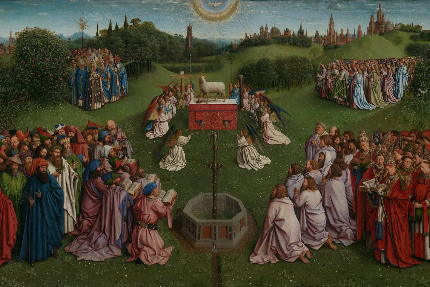 Adoration of the Mystic Lamb — original central panel of the Ghent Altarpiece — Hubert and Jan van Eyck