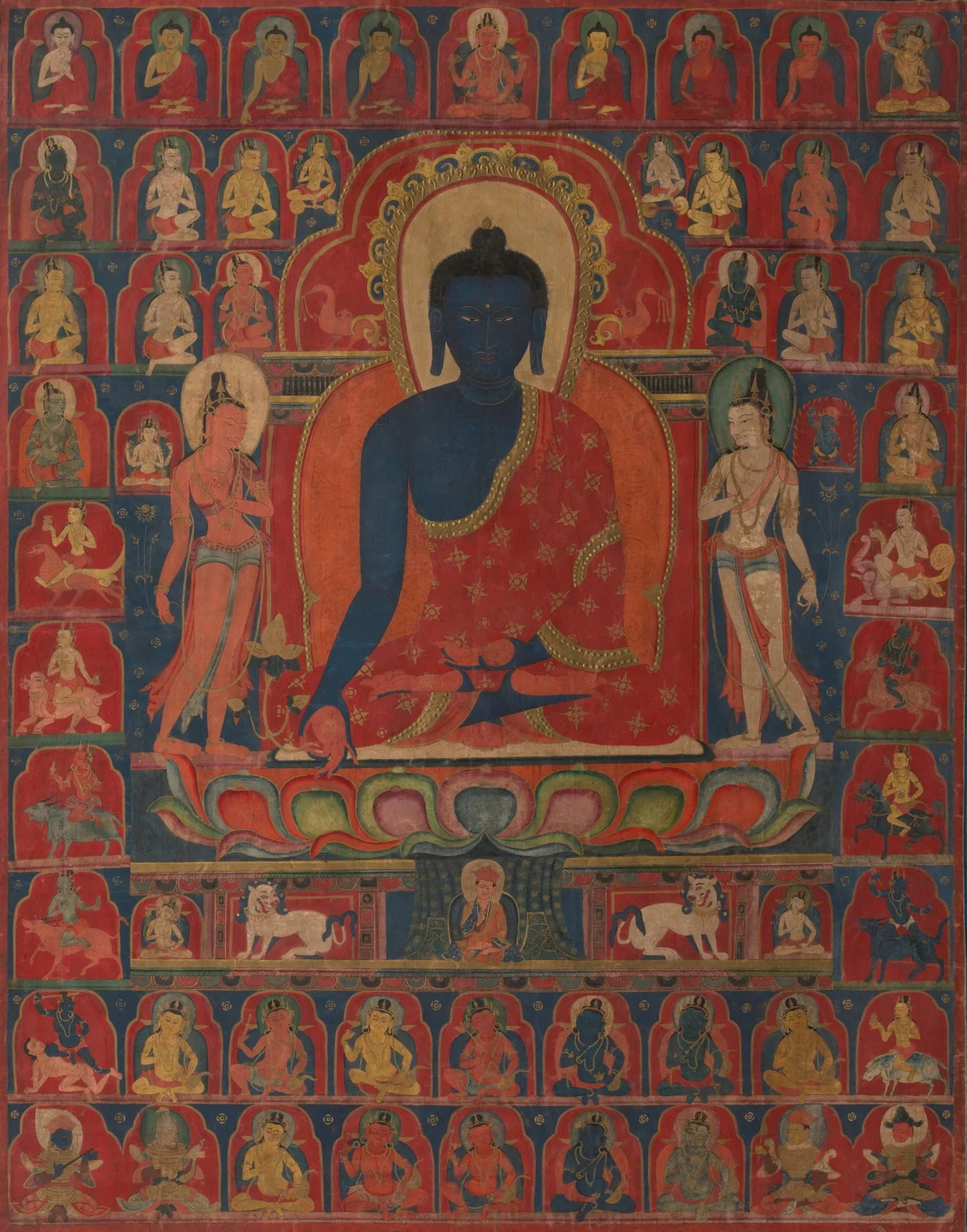 The Medicine Buddha Bhaishajyaguru With His Mandala Retinue — Unidentified Tibetan painters